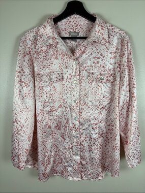 Chico's Pink and White Silky Print Button-Down Shirt. Size 2 = Large